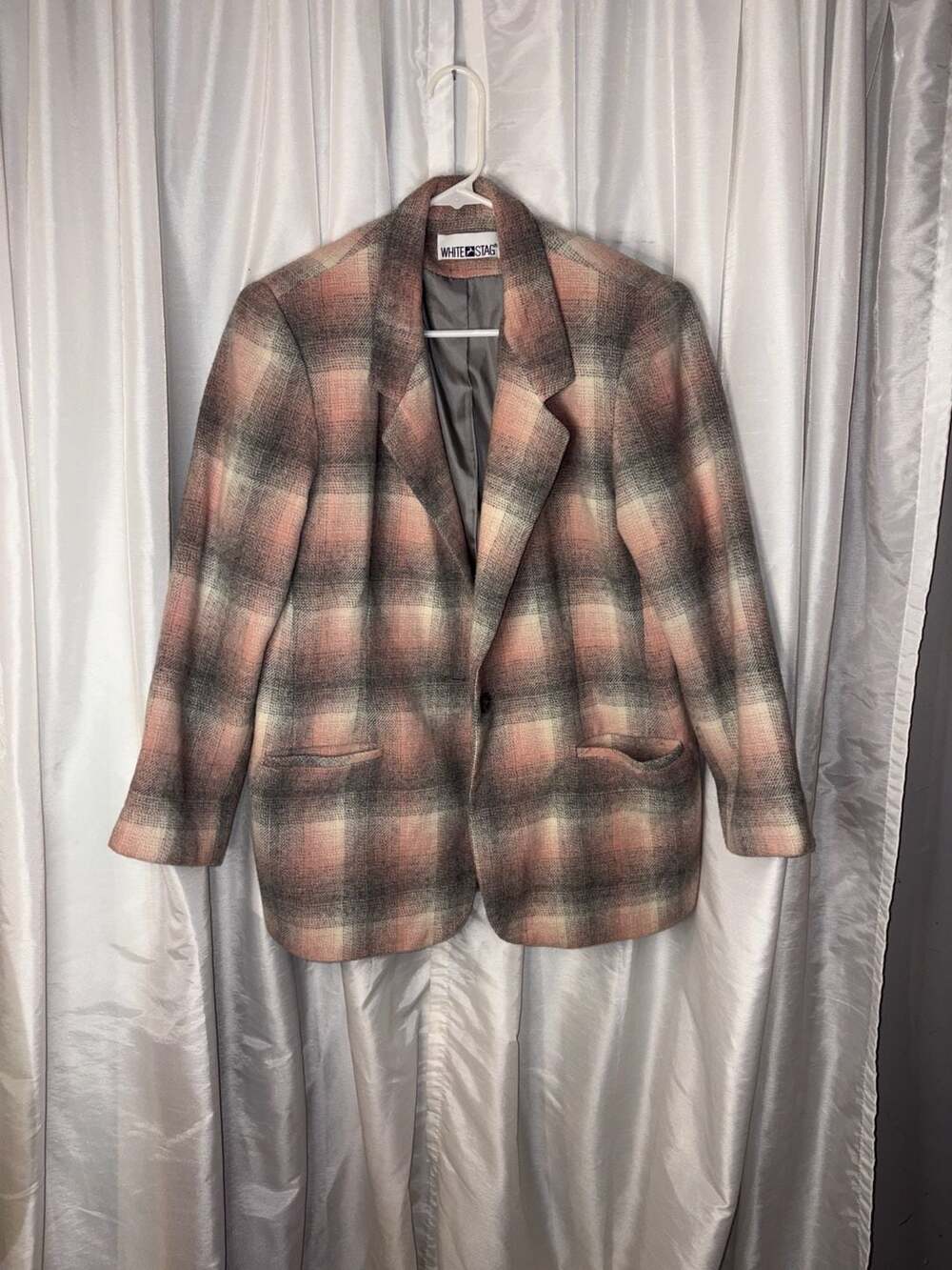 White Stag Vintage Pink and Grey Plaid Single Button Blazer Jacket